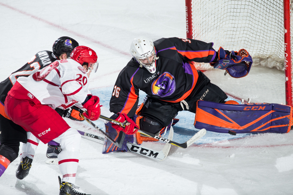 Scott R. Galvin | The Vindicator.Youngstown Phantoms goalie Wouter Peeters (36) makes a save against Dubuque Fighting Saints forward Chayse Prime (20) during the third period at the Covelli Centre on January 27, 2018. The Phantoms won 6-5 in overtime.