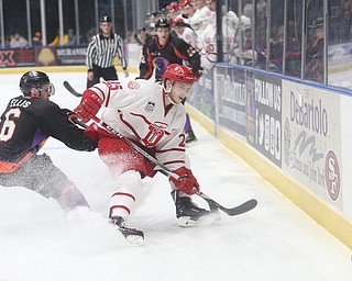 Youngstown Phantoms right wing Max Ellis (6) ices Dubuque Fighting Saints forward Scott Corbett (25) in the first period of an USHL Hockey game, Sunday, Jan. 28, 2018, in Youngstown. Phantoms won 2-1...(Nikos Frazier | The Vindicator)