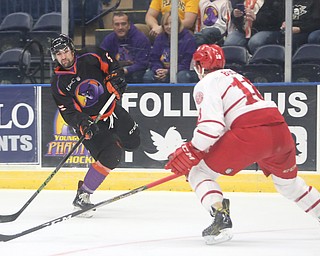 Youngstown Phantoms defenseman Andrew Petrillo (5) shoots in the first period of an USHL Hockey game against Dubuque, Sunday, Jan. 28, 2018, in Youngstown. Phantoms won 2-1...(Nikos Frazier | The Vindicator)