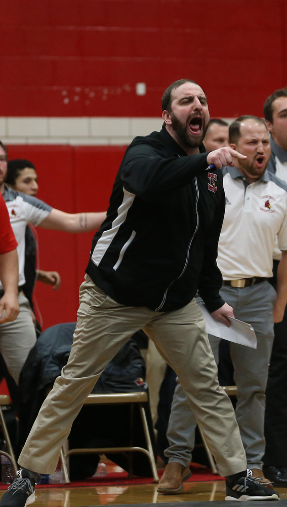 Canfield coach Steve Pitts reacts during the OHSAA Wrestling Division II Region 12 team finals, Wednesday, Jan. 31, 2018, in Canfield...(Nikos Frazier | The Vindicator)