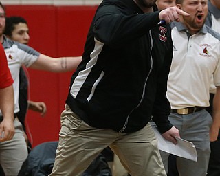 Canfield coach Steve Pitts reacts during the OHSAA Wrestling Division II Region 12 team finals, Wednesday, Jan. 31, 2018, in Canfield...(Nikos Frazier | The Vindicator)