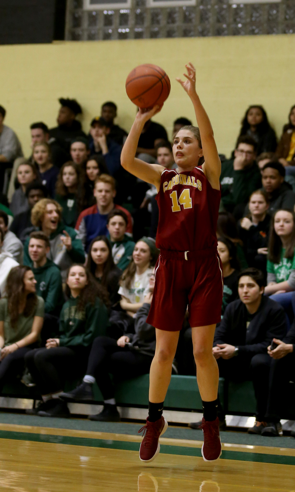 Cardinal Mooney Camden Hergenrather (14) goes up for three in the first quarter of an OSHAA basketball game, Thursday, Feb. 1, 2018, in Youngstown. Ursuline won 76-54...(Nikos Frazier | The Vindicator)