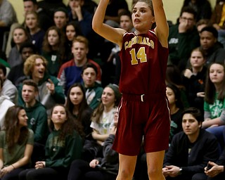 Cardinal Mooney Camden Hergenrather (14) goes up for three in the first quarter of an OSHAA basketball game, Thursday, Feb. 1, 2018, in Youngstown. Ursuline won 76-54...(Nikos Frazier | The Vindicator)