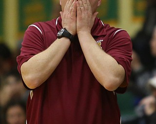 in the second quarter of an OSHAA basketball game, Thursday, Feb. 1, 2018, in Youngstown. Ursuline won 76-54...(Nikos Frazier | The Vindicator)