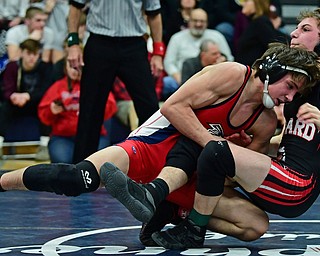 AUSTINTOWN, OHIO - FEBRUARY 3, 2018: Fitch's Gus Sutton takes down Girard's Alex Delgarbino during their 126lb EOWL Championship bout, Saturday night at Austintown Fitch High School. DAVID DERMER | THE VINDICATOR