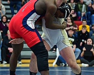 AUSTINTOWN, OHIO - FEBRUARY 3, 2018: Crestview's Landon Talbert controls the neck of Fitch's Breylon Douglas during their 195lb EOWL Championship bout, Saturday night at Austintown Fitch High School. DAVID DERMER | THE VINDICATOR