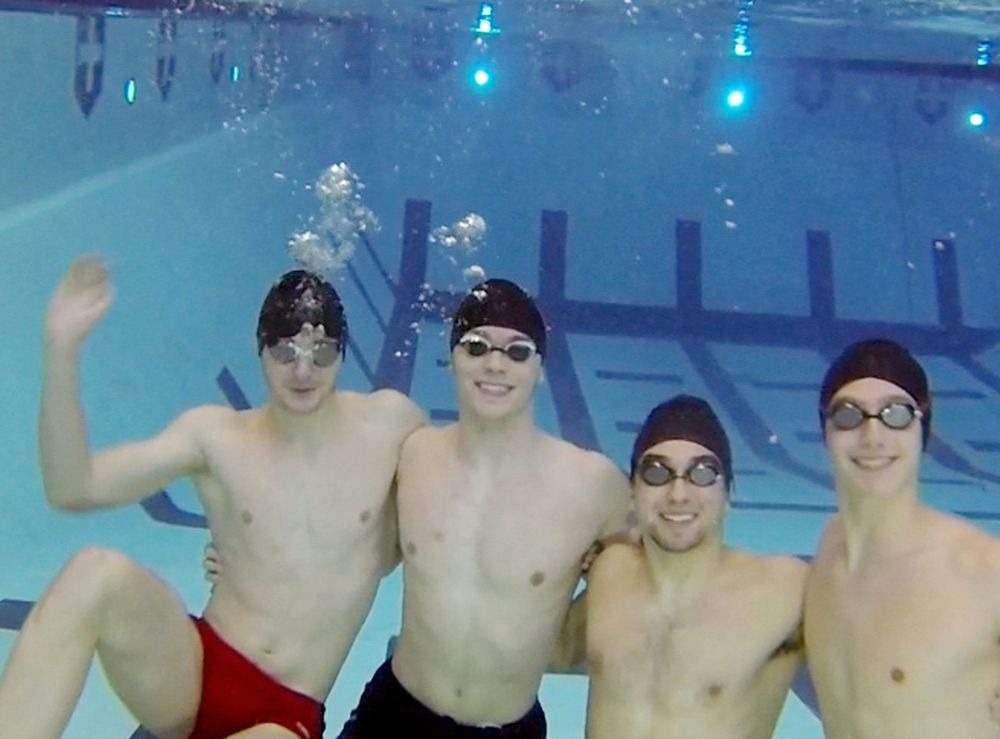       William D. Lewis The Vindicator  Boardman swimming relay team poses for a portrait under water at YSU. From left: Callen Aulizia, Kyle Kimerer, Noah Basista and Matt Dunlany.