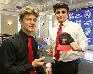  ROBERT K.YOSAY  | THE VINDICATOR..Two YSU recruits....  Jonah  Spencer  Nick Diaz Poland Signing Day.. as 6 players from the class of 2018 head off to college ball..L-R   Nick Sabrin - Dante Ruozzo- Jonah Spencer - Mike Diaz Drew Davies and Cole Lavorini at podium is Brian Banfield......-30-