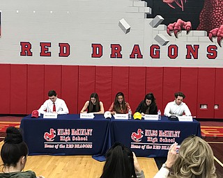 left to right Marco DeFalco-YSU (baseball), Bethany Rasile Pitt (soccer), Bella Reigle-Baldwin Wallace (soccer), Aundrea Scattino Baldwin Wallace (soccer) and Preston Tuner-Westminster (football).