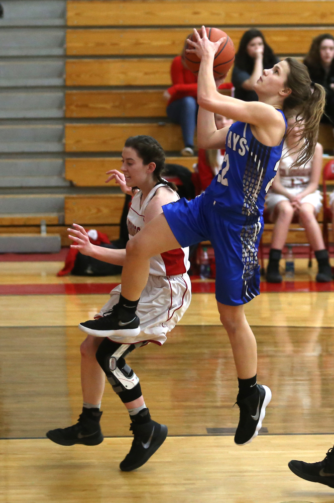 Jackson-Milton guard Michaelina Terranova (22) goes up for a layup in the first quarter of an OHSAA high school basketball game, Thursday, Feb. 8, 2018, in Columbiana. Columbiana won 36-23...(Nikos Frazier | The Vindicator)