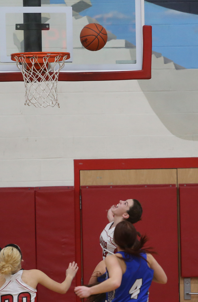 Columbiana's Taylor Hall (23) watches her layup in the fourth quarter of an OHSAA high school basketball game, Thursday, Feb. 8, 2018, in Columbiana. Columbiana won 36-23...(Nikos Frazier | The Vindicator)