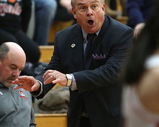 Columbiana head coach Ron Moschella yells at his players for being too slow in the fourth quarter of an OHSAA high school basketball game, Thursday, Feb. 8, 2018, in Columbiana. Columbiana won 36-23...(Nikos Frazier | The Vindicator)