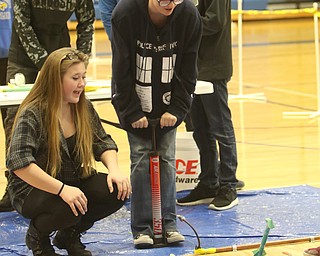  ROBERT K.YOSAY  | THE VINDICATOR..321 Blast off as  the air rocket with Maray Kavalesky and Darcy Young 10 and 11 th graders..A few hundred Hubbard High School students spent Friday at the schoolÕs STEM Festival where they put their creativity and STEM knowledge to the test. Students could choose to participate in contests including bridge building, creating and testing a trebuchet and an egg drop...-30-