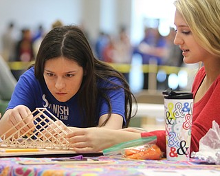  ROBERT K.YOSAY  | THE VINDICATOR..Kenna Tintler 11th  and Lillian Kish  11th..Bridge building in a A few hundred Hubbard High School students spent Friday at the schoolÕs STEM Festival where they put their creativity and STEM knowledge to the test. Students could choose to participate in contests including bridge building, creating and testing a trebuchet and an egg drop...-30-