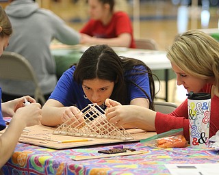  ROBERT K.YOSAY  | THE VINDICATOR..Adria Powell 11 Kenna Tintler 11th  and Lillian Kish  11th..Bridge building in a A few hundred Hubbard High School students spent Friday at the schoolÕs STEM Festival where they put their creativity and STEM knowledge to the test. Students could choose to participate in contests including bridge building, creating and testing a trebuchet and an egg drop...-30-