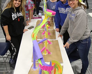  ROBERT K.YOSAY  | THE VINDICATOR..Completed roller coaster- Kayla Chmelik 11th- Cheyenne Whitacre 11 - Aspen Bell 11 - Hannah Johns 10- Kyleigh Johnson 10 and Cassady  Herberger 10 ..A few hundred Hubbard High School students spent Friday at the schoolÕs STEM Festival where they put their creativity and STEM knowledge to the test. Students could choose to participate in contests including bridge building, creating and testing a trebuchet and an egg drop...-30-