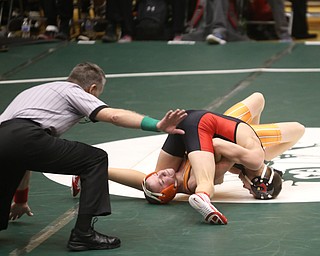 Canfield 106 pound wrestler Ethan Fletcher pins Claymont 106 pound wrestler T.J. Zurcher in the quarter finals of the OHSAA State Wrestling Dual Team Tournament, Sunday, Feb. 11, 2018, at Ohio State University's St. John Arena in Columbus...(Nikos Frazier | The Vindicator)