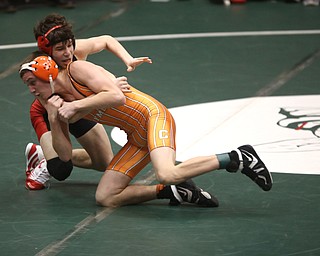 Canfield 120 pound wrestler Nick Barber reajusts his hold on Claymont 120 pound wrestler Tucker Zurcher in the quarter finals of the OHSAA State Wrestling Dual Team Tournament, Sunday, Feb. 11, 2018, at Ohio State University's St. John Arena in Columbus...(Nikos Frazier | The Vindicator)