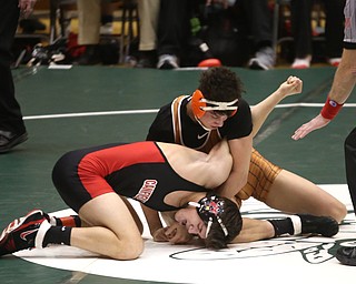 Canfield 160 pound wrestler Ben Cutrer is temporarily pinned by Claymont 160 pound wrestler Kaden Bunting in the quarter finals of the OHSAA State Wrestling Dual Team Tournament, Sunday, Feb. 11, 2018, at Ohio State University's St. John Arena in Columbus...(Nikos Frazier | The Vindicator)