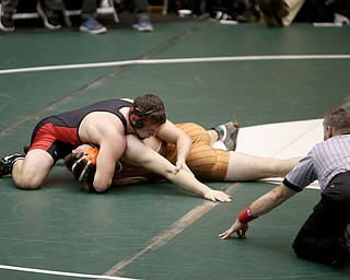 Canfield 182 pound wrestler David Crawford pins Claymont 182 pound wrestler Noah Edwards in the quarter finals of the OHSAA State Wrestling Dual Team Tournament, Sunday, Feb. 11, 2018, at Ohio State University's St. John Arena in Columbus...(Nikos Frazier | The Vindicator)