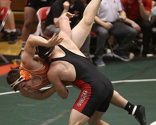 Canfield 220 pound wrestler Tyler Stein throws Claymont 220 pound wrestler Kole Aubiel to the mat in the quarter finals of the OHSAA State Wrestling Dual Team Tournament, Sunday, Feb. 11, 2018, at Ohio State University's St. John Arena in Columbus...(Nikos Frazier | The Vindicator)