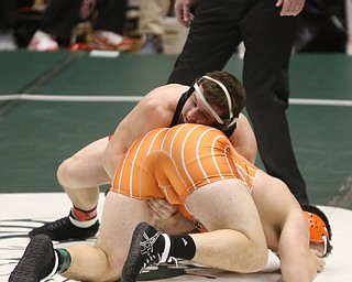 Canfield 220 pound wrestler Tyler Stein holds onto Claymont 220 pound wrestler Kole Aubiel in the quarter finals of the OHSAA State Wrestling Dual Team Tournament, Sunday, Feb. 11, 2018, at Ohio State University's St. John Arena in Columbus...(Nikos Frazier | The Vindicator)