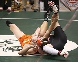 Canfield 285 pound wrestler Daniel Kapalko pins Claymont 285 pound wrestler Lyle Clark in the quarter finals of the OHSAA State Wrestling Dual Team Tournament, Sunday, Feb. 11, 2018, at Ohio State University's St. John Arena in Columbus...(Nikos Frazier | The Vindicator)