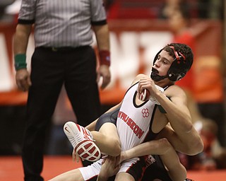 Canfield 106 pound wrestler Ethan Fletcher attempts to pin Wauseon 106 pound wrestler Damon Molina in the semi finals of the OHSAA State Wrestling Dual Team Tournament, Sunday, Feb. 11, 2018, at Ohio State University's St. John Arena in Columbus...(Nikos Frazier | The Vindicator)