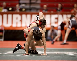 Wauseon 113 pound wrestler Gavin Ritter controls Canfield 113 pound wrestler Ronald Angelilli from behind in the semi finals of the OHSAA State Wrestling Dual Team Tournament, Sunday, Feb. 11, 2018, at Ohio State University's St. John Arena in Columbus...(Nikos Frazier | The Vindicator)