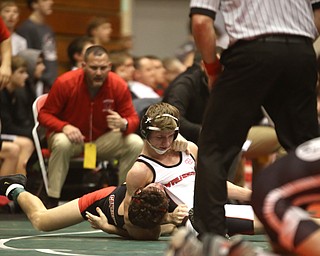 Wauseon 126 pound wrestler Nolan Ray gets Canfield 126 pound wrestler McCoy Watkins into a headlock in the semi finals of the OHSAA State Wrestling Dual Team Tournament, Sunday, Feb. 11, 2018, at Ohio State University's St. John Arena in Columbus...(Nikos Frazier | The Vindicator)