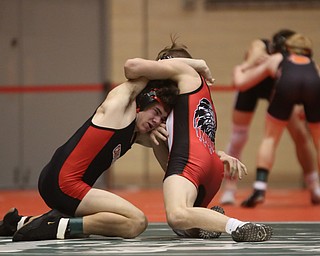 Wauseon 126 pound wrestler Nolan Ray attempts to pin Canfield 126 pound wrestler McCoy Watkins in the semi finals of the OHSAA State Wrestling Dual Team Tournament, Sunday, Feb. 11, 2018, at Ohio State University's St. John Arena in Columbus...(Nikos Frazier | The Vindicator)