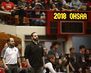 Canfield head coach Stephen Pitts reacts to a pin in the semi finals of the OHSAA State Wrestling Dual Team Tournament, Sunday, Feb. 11, 2018, at Ohio State University's St. John Arena in Columbus...(Nikos Frazier | The Vindicator)