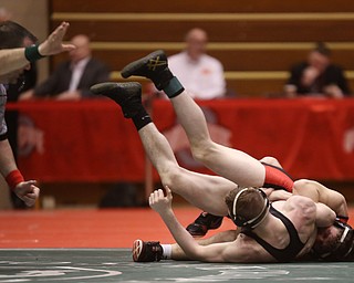 Wauseon 152 pound wrestler Gage Grunden attempts to pin Canfield 152 pound wrestler David Reinhart in the semi finals of the OHSAA State Wrestling Dual Team Tournament, Sunday, Feb. 11, 2018, at Ohio State University's St. John Arena in Columbus...(Nikos Frazier | The Vindicator)