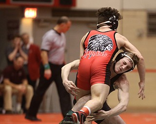 Canfield 152 pound wrestler David Reinhart attempts to overpower Wauseon 152 pound wrestler Gage Grunden from below in the semi finals of the OHSAA State Wrestling Dual Team Tournament, Sunday, Feb. 11, 2018, at Ohio State University's St. John Arena in Columbus...(Nikos Frazier | The Vindicator)