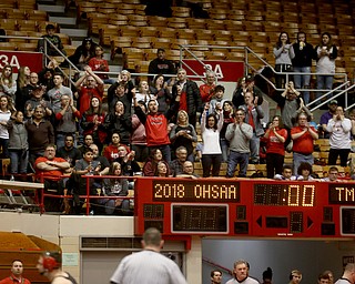 The Canfield spectators cheer on the team as the final matches are tallied resulting in a 33-38 loss to Wauseon in the semi finals of the OHSAA State Wrestling Dual Team Tournament, Sunday, Feb. 11, 2018, at Ohio State University's St. John Arena in Columbus...(Nikos Frazier | The Vindicator)