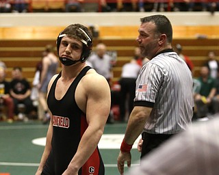 Canfield 220 pound wrestler Tyler Stein reacts after winning a match Wauseon forfeited in the semi finals of the OHSAA State Wrestling Dual Team Tournament, Sunday, Feb. 11, 2018, at Ohio State University's St. John Arena in Columbus...(Nikos Frazier | The Vindicator)