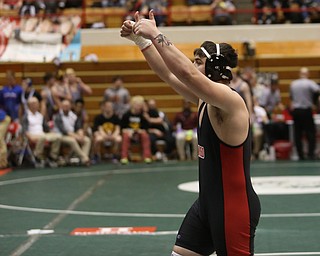 Canfield 285 pound wrestler Daniel Kapalko encourages the Canfield spectators in the semi finals of the OHSAA State Wrestling Dual Team Tournament, Sunday, Feb. 11, 2018, at Ohio State University's St. John Arena in Columbus...(Nikos Frazier | The Vindicator)