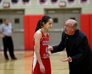 Columbiana head coach Ron Moschella yells at Columbiana's Grace Hammond (10) in the second quarter of an OHSAA high school basketball game, Monday, Feb. 12, 2018, in Struthers. Struthers won 61-52...(Nikos Frazier | The Vindicator)