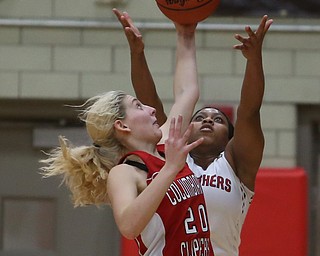 Columbiana's Alexis Cross (20) intercepts the pass intended for Struthers' Khaylah Brown (1)  in the second quarter of an OHSAA high school basketball game, Monday, Feb. 12, 2018, in Struthers. Struthers won 61-52...(Nikos Frazier | The Vindicator)