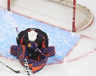 Youngstown Phantoms goalie Wouter Peeters (36) blocks a shot on goal in the second period of an USHL hockey game, Tuesday, Feb. 13, 2018, in Youngstown...(Nikos Frazier | The Vindicator)