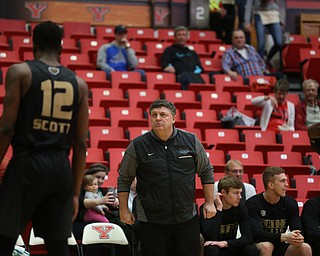 Oakland head coach Greg Kampe shouts "Are you F@#$%#$% kidding me?" at Oakland guard Stan Scott (12) in the first half of an NCAA Horizon League college basketball game, Wednesday, Feb. 14, 2018, in Youngstown. YSU won 75-73...(Nikos Frazier | The Vindicator)