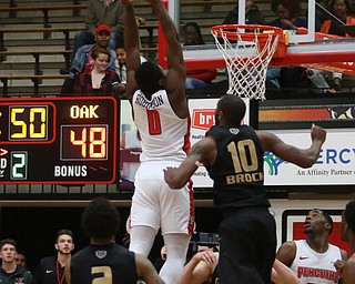 Youngstown State forward Tyree Robinson (0) gets the put back dunk in the second half of an NCAA Horizon League college basketball game, Wednesday, Feb. 14, 2018, in Youngstown. YSU won 75-73...(Nikos Frazier | The Vindicator)