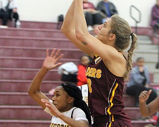 William D. Lewis The Vindicator   South Rnge's Maddie Durkin(13) shoots over Liberty's China Tate(3) during 2-14-18 action at Liberty.