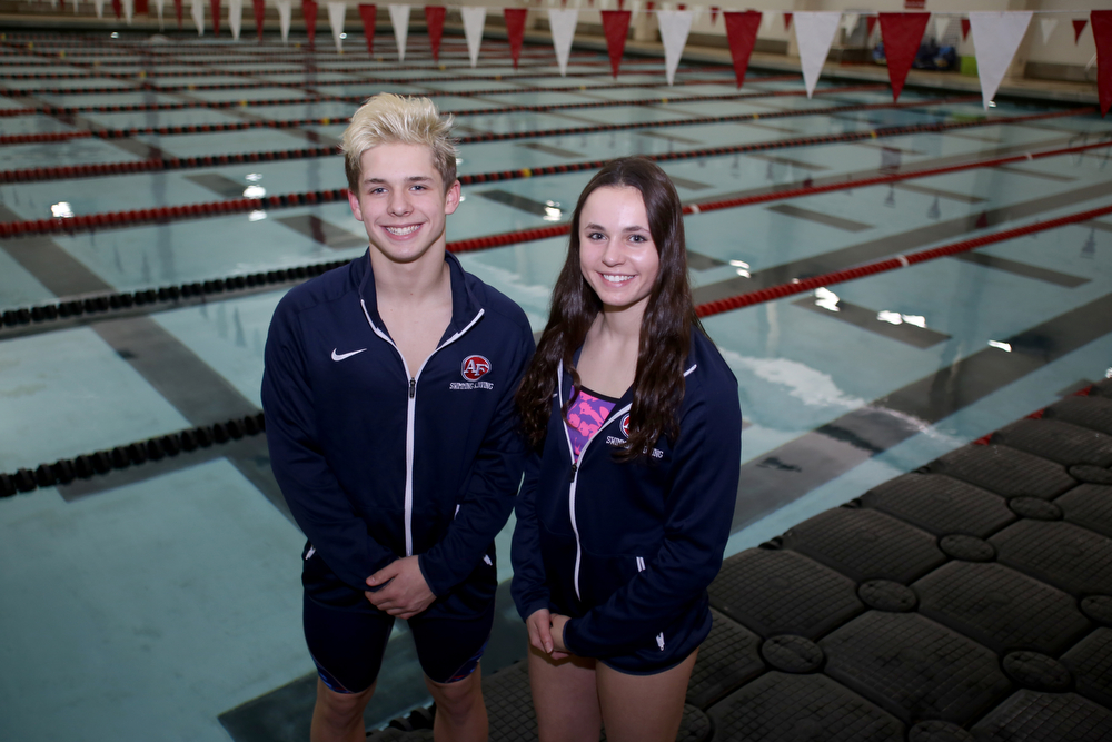 Jake Lawrence and Gia Direnzo pose for a photo, Wednesday, Feb. 14, 2018, at the Youngstown State University Natatorium in Youngstown...(Nikos Frazier | The Vindicator)