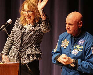 William D. Lewis the vindicator   Retired NASA astronaut Mike Kelly, husband of Gabby Giffords watches while Giffords waves to the crowd as part of Skeggs lecture series 2-15-18 at Stambaugh Auditorium.