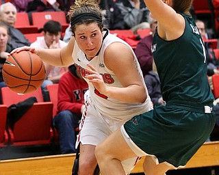 YOUNGSTOWN, OHIO - FEBRUARY 17, 2018: YSU Penguins' Nikki Arbanas (1) drives against Green Bay Phoenix's Allie LeClaire (1) into a turnover during the 3rd qtr. at Beeghly Center, YSU, Youngstown, OH.  MICHAEL G. TAYLOR | THE VINDICATOR