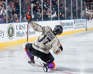 Scott R. Galvin | The Vindicator.Youngstown Phantoms left wing Joey Abate (17) celebrates his second period goal against the Waterloo Black Hawks at the Covelli Centre on Saturday, February 17, 2018.