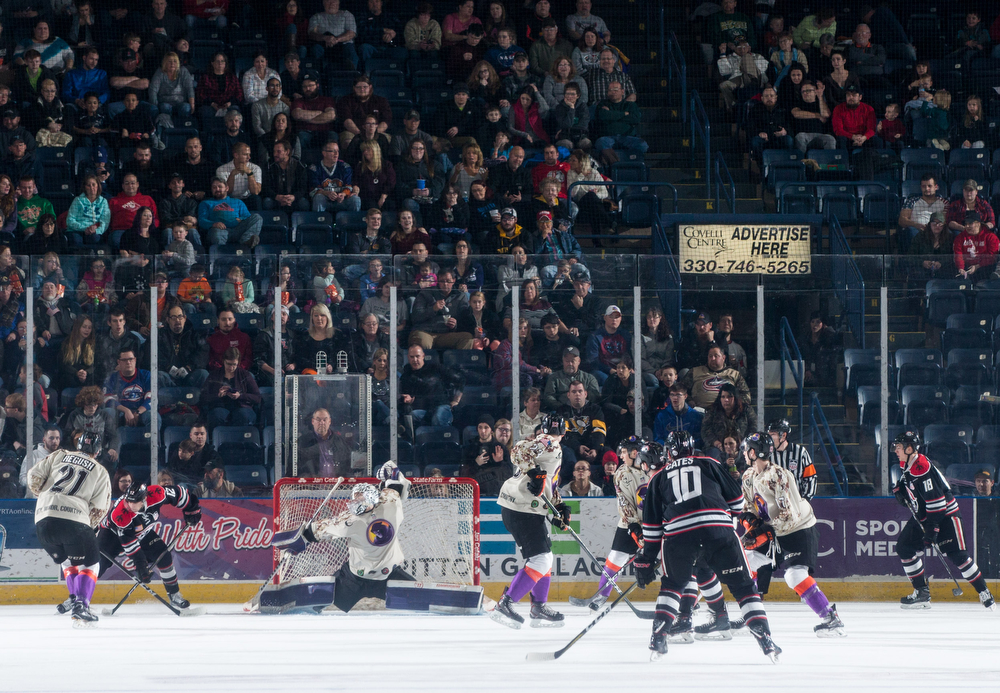 Scott R. Galvin | The Vindicator.Youngstown Phantoms goalie Ivan Prosvetov (31) makes a save during the second period against the Waterloo Black Hawks at the Covelli Centre on Saturday, February 17, 2018.