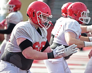 YOUNGSTOWN, OHIO - FEBRUARY 18, 2018: Youngstown State's Connor Sharp sets up to block during during individual drills during the teams practice on Sunday afternoon at Stambaugh Stadium. DAVID DERMER | THE VINDICATOR