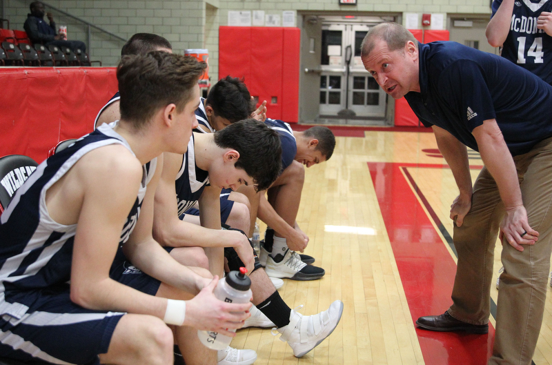 McDonald head coach Jeff Rasile talks to his team before the start of Tuesday nights matchup at Struthers Field House.  Dustin Livesay  |  The Vindicator  2/20/18 Struthers